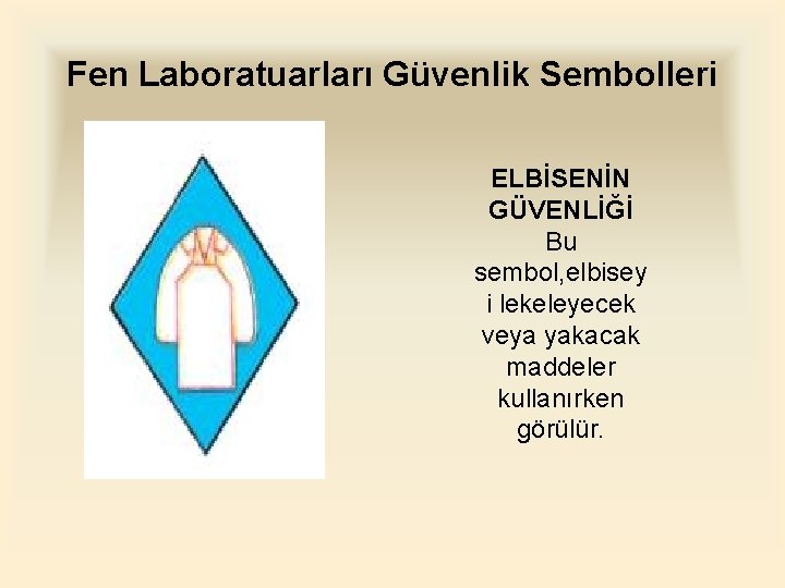 Fen Laboratuarları Güvenlik Sembolleri ELBİSENİN GÜVENLİĞİ Bu sembol, elbisey i lekeleyecek veya yakacak maddeler