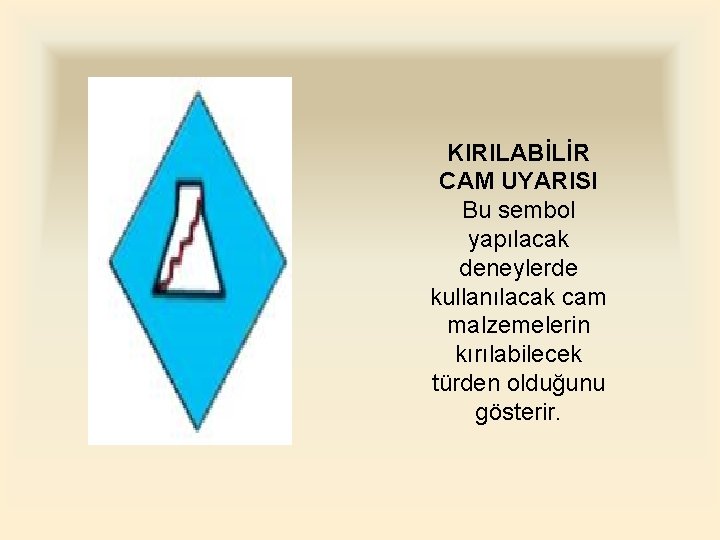 KIRILABİLİR CAM UYARISI Bu sembol yapılacak deneylerde kullanılacak cam malzemelerin kırılabilecek türden olduğunu gösterir.