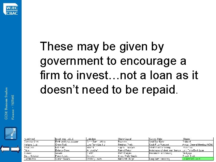 GCSE Business Studies Finance - TERMS These may be given by government to encourage