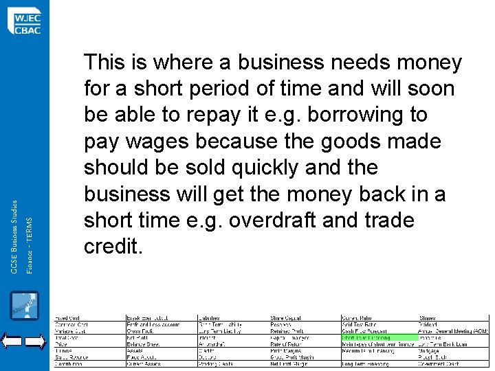 GCSE Business Studies Finance - TERMS This is where a business needs money for