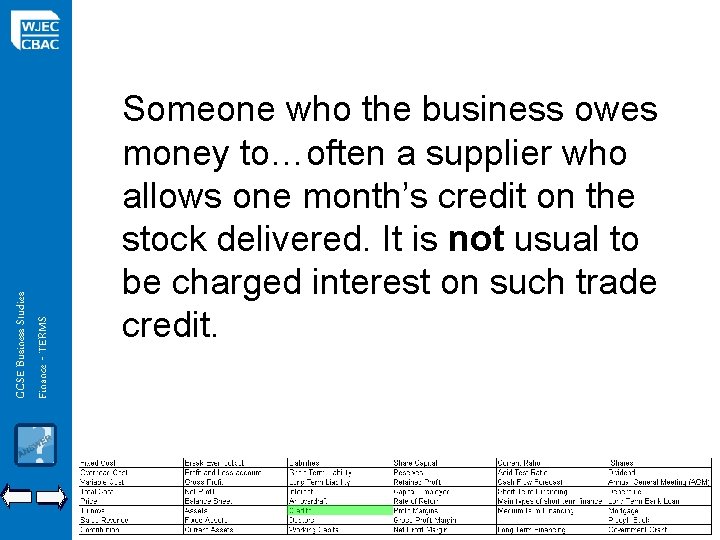 GCSE Business Studies Finance - TERMS Someone who the business owes money to…often a