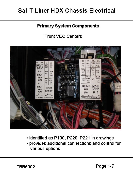 Saf-T-Liner HDX Chassis Electrical Primary System Components Front VEC Centers • identified as P