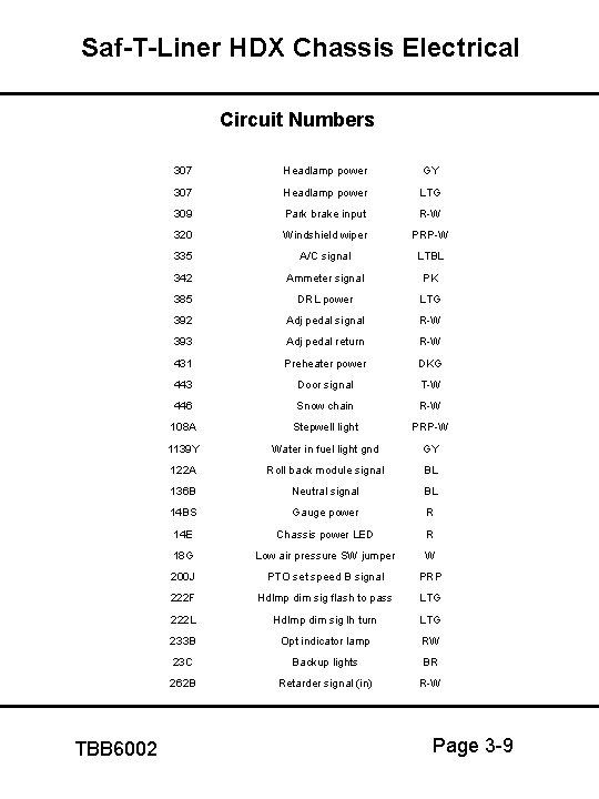 Saf-T-Liner HDX Chassis Electrical Circuit Numbers TBB 6002 307 Headlamp power GY 307 Headlamp