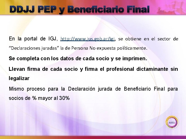 DDJJ PEP y Beneficiario Final En la portal de IGJ, http: //www. jus. gob.