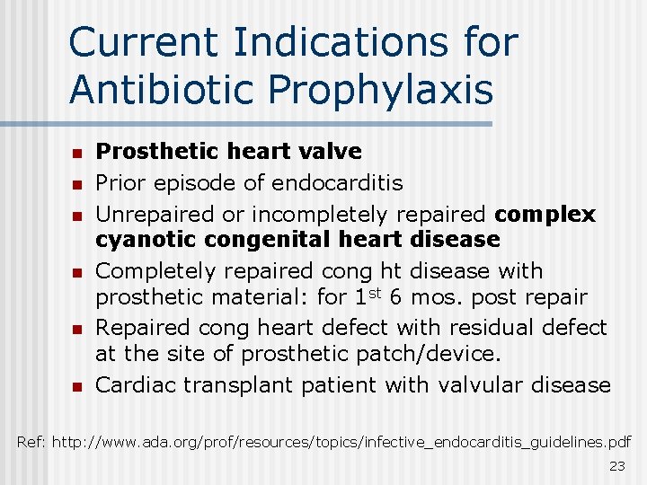 Current Indications for Antibiotic Prophylaxis n n n Prosthetic heart valve Prior episode of