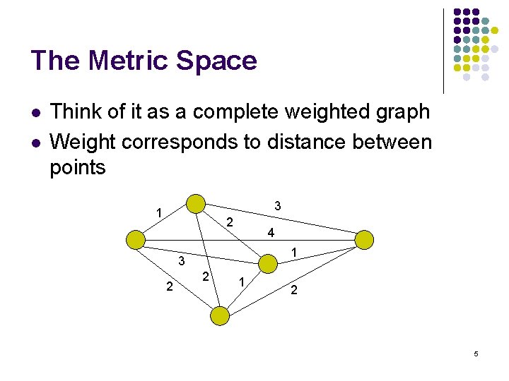 The Metric Space l l Think of it as a complete weighted graph Weight