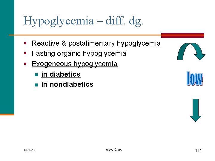 Hypoglycemia – diff. dg. § Reactive & postalimentary hypoglycemia § Fasting organic hypoglycemia §
