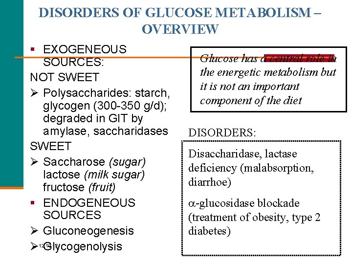 DISORDERS OF GLUCOSE METABOLISM – OVERVIEW § EXOGENEOUS SOURCES: NOT SWEET Ø Polysaccharides: starch,