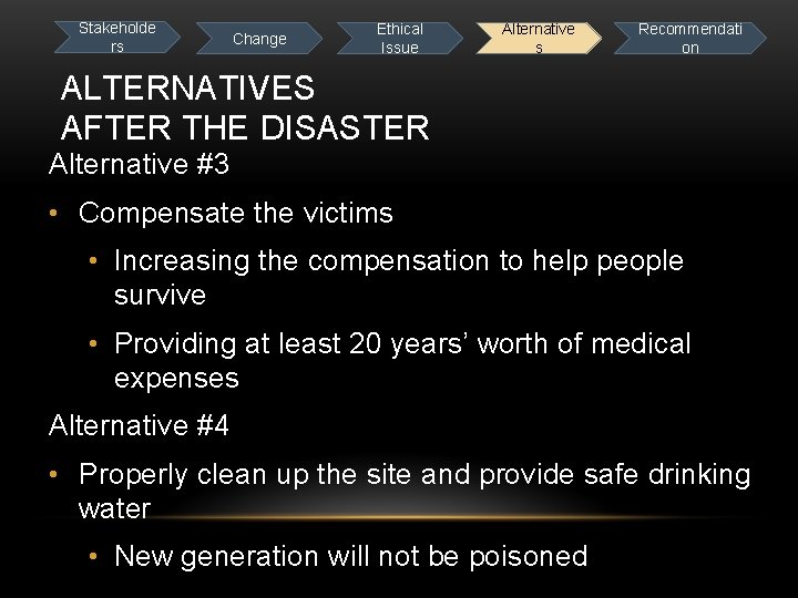 Stakeholde rs Change Ethical Issue Alternative s Recommendati on ALTERNATIVES AFTER THE DISASTER Alternative