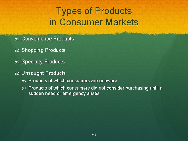 Types of Products in Consumer Markets Convenience Products Shopping Products Specialty Products Unsought Products