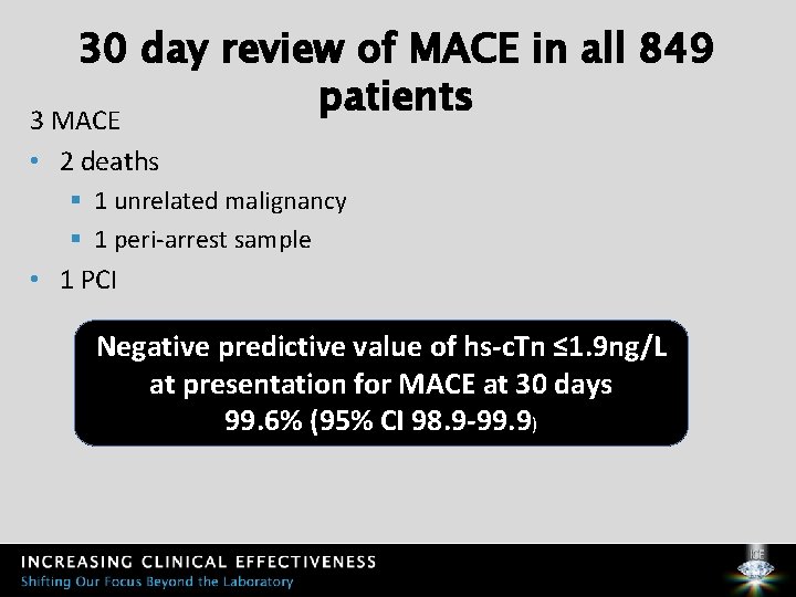 30 day review of MACE in all 849 patients 3 MACE • 2 deaths