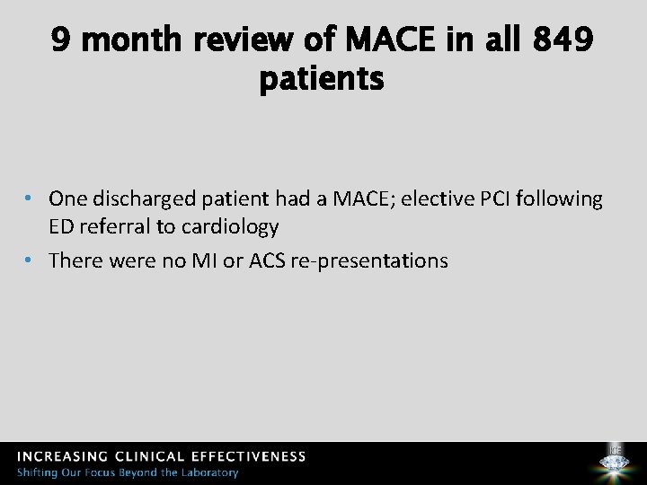 9 month review of MACE in all 849 patients • One discharged patient had