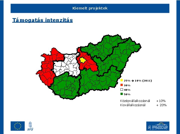 Kiemelt projektek Támogatás intenzitás n 25% 10% (2011) n 30% o 40% n 50%