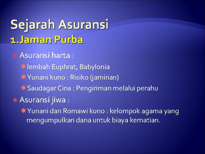 Sejarah Asuransi 1. Jaman Purba Asuransi harta : lembah Euphrat, Babylonia Yunani kuno :