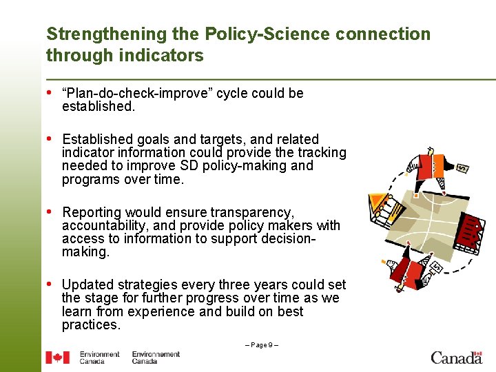 Strengthening the Policy-Science connection through indicators • “Plan-do-check-improve” cycle could be established. • Established