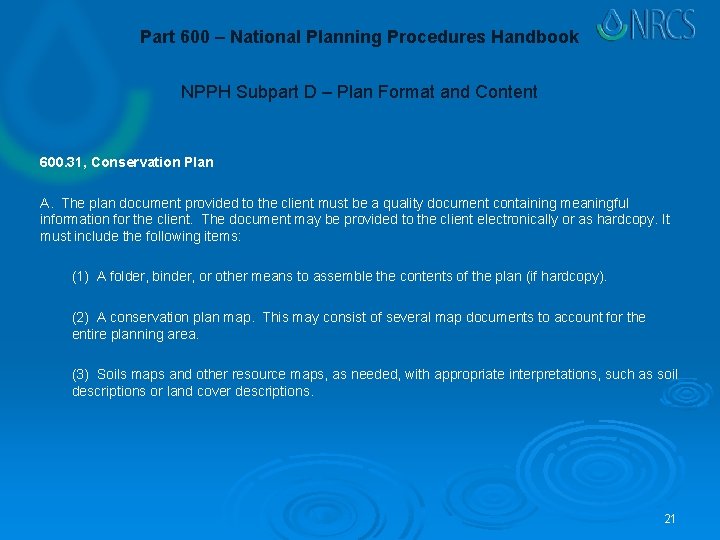 Part 600 – National Planning Procedures Handbook NPPH Subpart D – Plan Format and