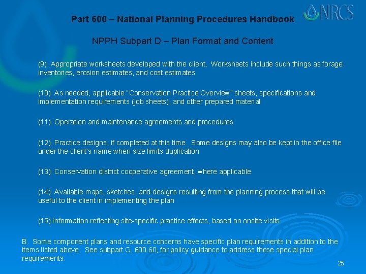 Part 600 – National Planning Procedures Handbook NPPH Subpart D – Plan Format and