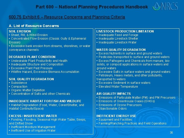 Part 600 – National Planning Procedures Handbook 600. 75 Exhibit 6 – Resource Concerns