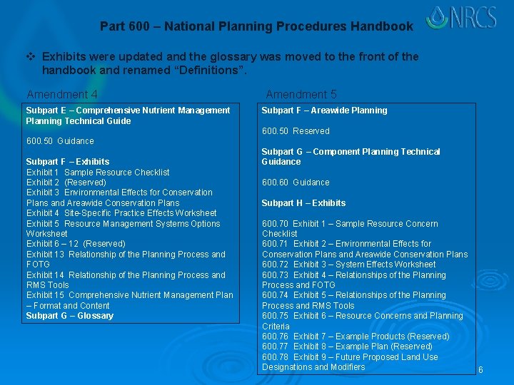 Part 600 – National Planning Procedures Handbook v Exhibits were updated and the glossary