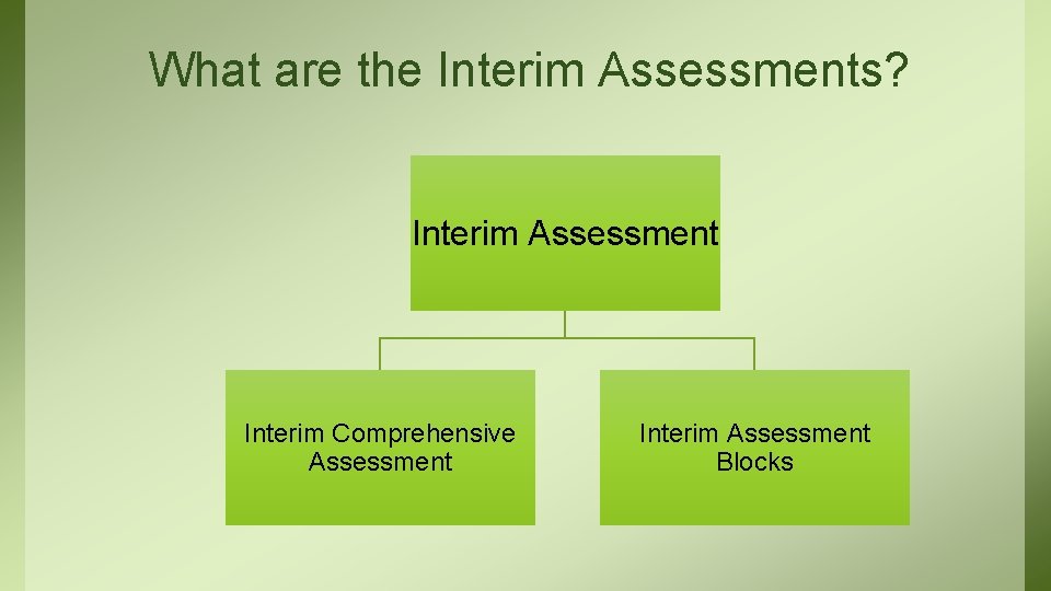 What are the Interim Assessments? Interim Assessment Interim Comprehensive Assessment Interim Assessment Blocks 