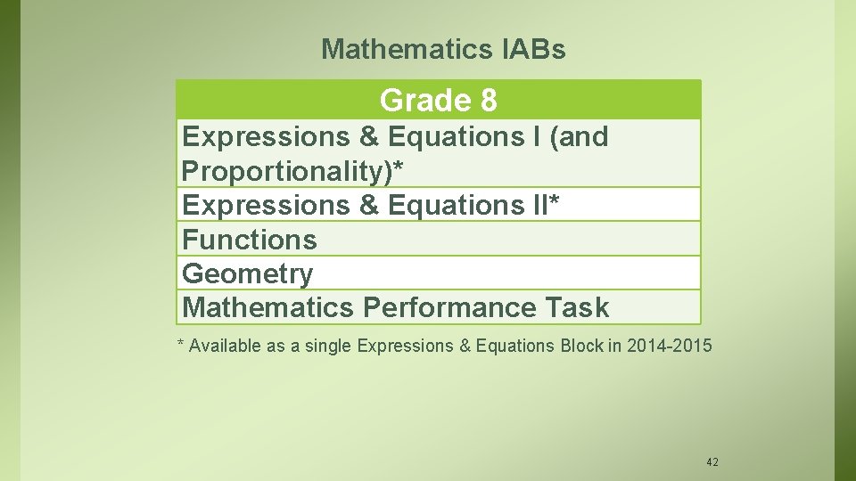 Mathematics IABs Grade 8 Expressions & Equations I (and Proportionality)* Expressions & Equations II*
