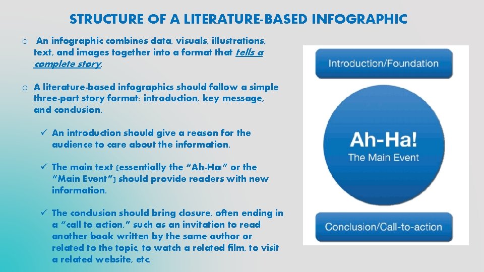 STRUCTURE OF A LITERATURE-BASED INFOGRAPHIC o An infographic combines data, visuals, illustrations, text, and