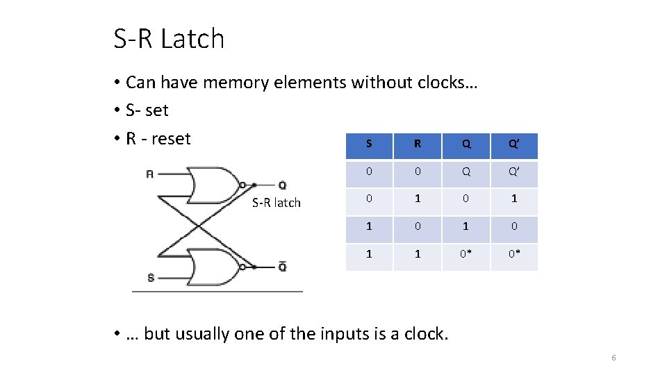 S-R Latch • Can have memory elements without clocks… • S- set • R