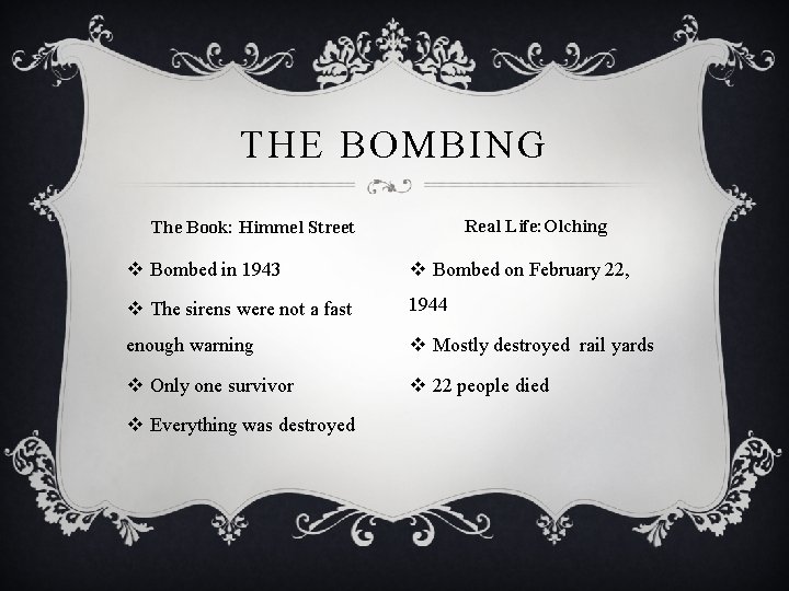 THE BOMBING Real Life: Olching The Book: Himmel Street v Bombed in 1943 v