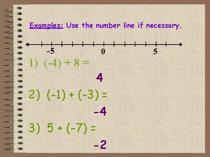Examples: Use the number line if necessary. 1) (-4) + 8 = 4 2) Examples: Use the number line if necessary. 1) (-4) + 8 = 4 2)