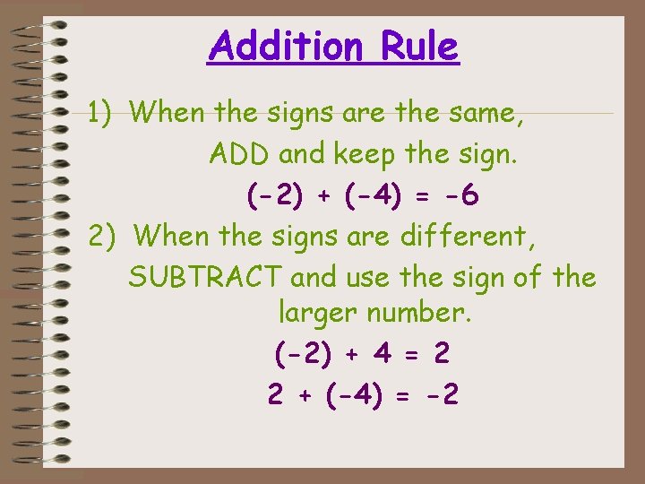 Addition Rule 1) When the signs are the same, ADD and keep the sign.