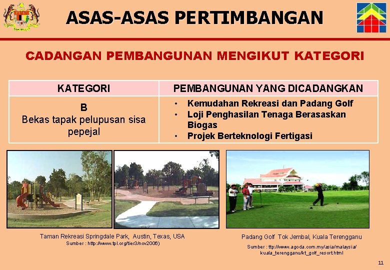 ASAS-ASAS PERTIMBANGAN CADANGAN PEMBANGUNAN MENGIKUT KATEGORI B Bekas tapak pelupusan sisa pepejal PEMBANGUNAN YANG