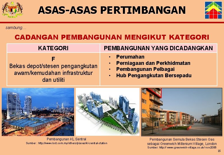 ASAS-ASAS PERTIMBANGAN sambung… CADANGAN PEMBANGUNAN MENGIKUT KATEGORI PEMBANGUNAN YANG DICADANGKAN F Bekas depot/stesen pengangkutan