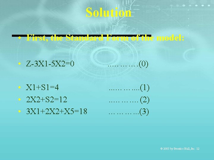 Solution • First, the Standard Form of the model: • Z-3 X 1 -5