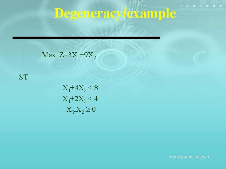 Degeneracy/example Max. Z=3 X 1+9 X 2 ST X 1+4 X 2 8 X