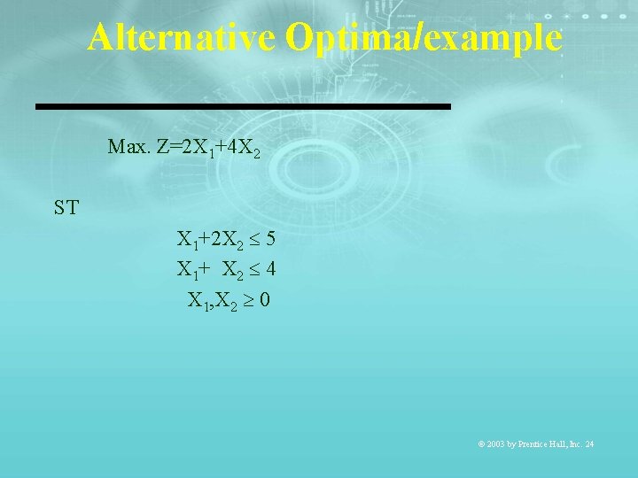 Alternative Optima/example Max. Z=2 X 1+4 X 2 ST X 1+2 X 2 5