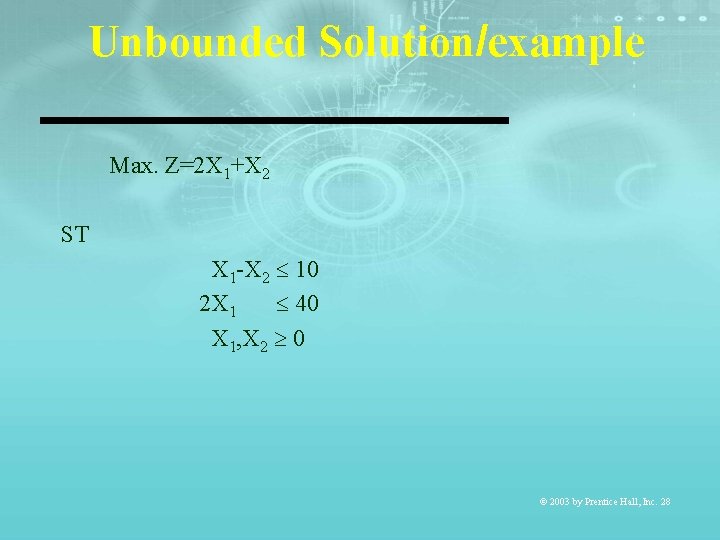 Unbounded Solution/example Max. Z=2 X 1+X 2 ST X 1 -X 2 10 2
