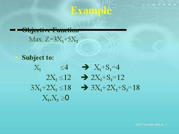 Example • Objective Function Max. Z=3 X 1+5 X 2 • Subject to: X