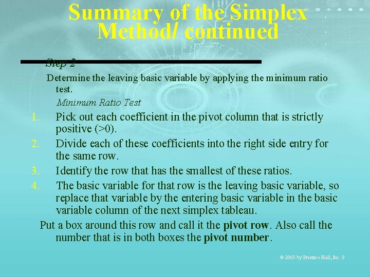 Summary of the Simplex Method/ continued Step 2 Determine the leaving basic variable by