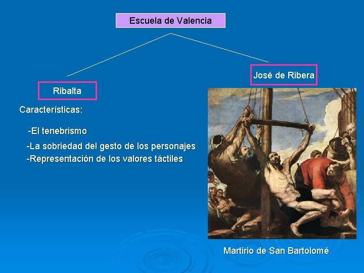 Escuela de Valencia José de Ribera Ribalta Características: -El tenebrismo -La sobriedad del gesto