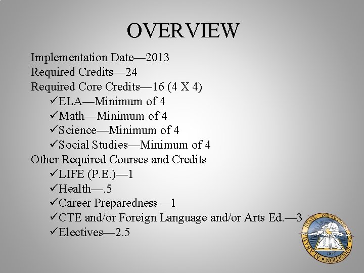 OVERVIEW Implementation Date— 2013 Required Credits— 24 Required Core Credits— 16 (4 X 4)