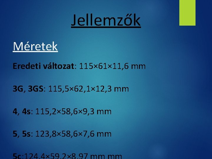 Jellemzők Méretek Eredeti változat: 115× 61× 11, 6 mm 3 G, 3 GS: 115,