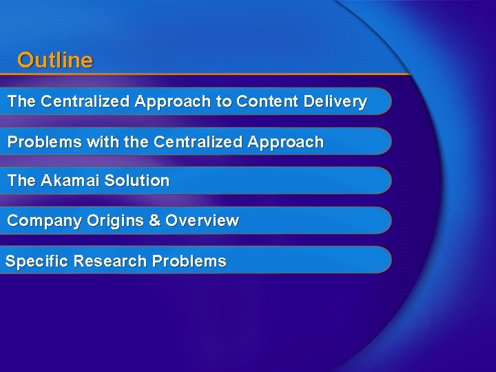 Outline The Centralized Approach to Content Delivery Problems with the Centralized Approach The Akamai