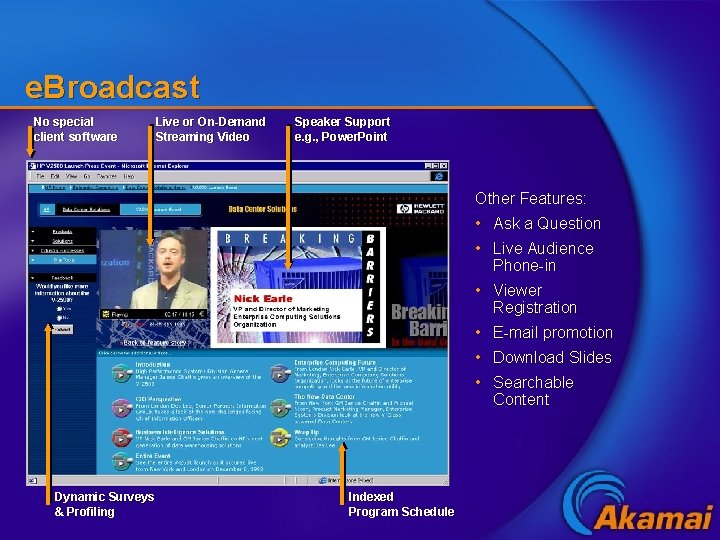 e. Broadcast No special client software Live or On-Demand Streaming Video Speaker Support e.