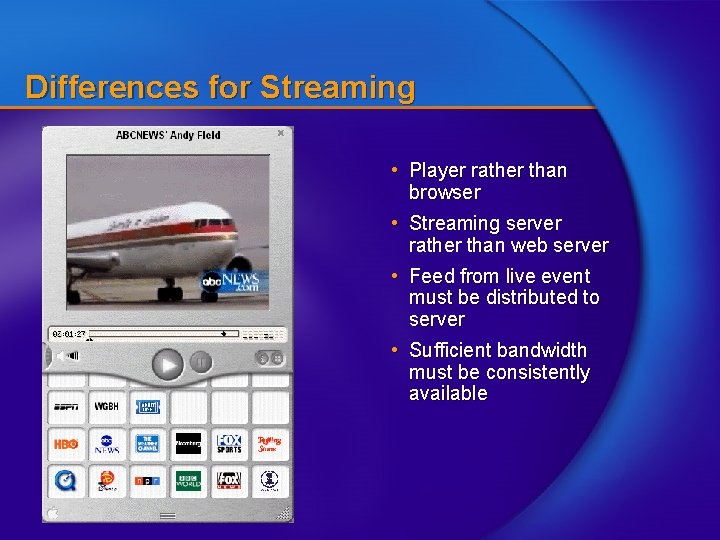 Differences for Streaming • Player rather than browser • Streaming server rather than web