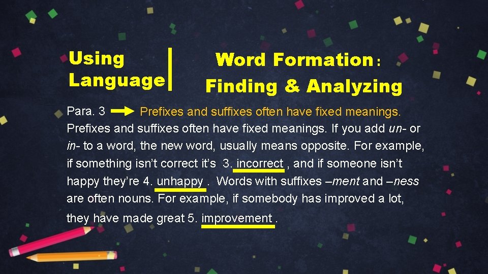 Using Language Word Formation： Finding & Analyzing Para. 3 Prefixes and suffixes often have