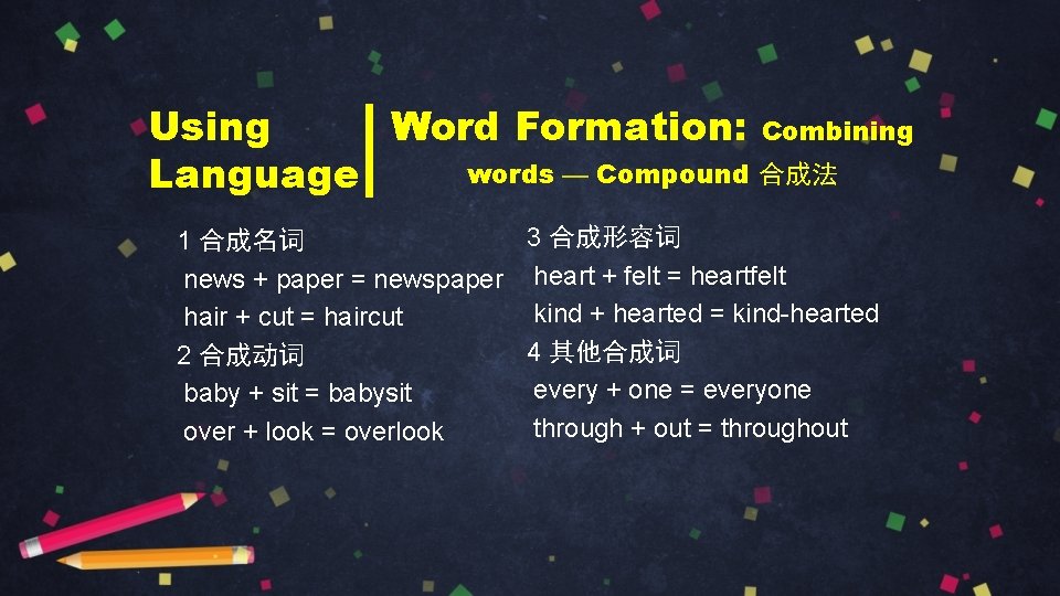 Using Word Formation: Combining words — Compound 合成法 Language 3 合成形容词 1 合成名词 news