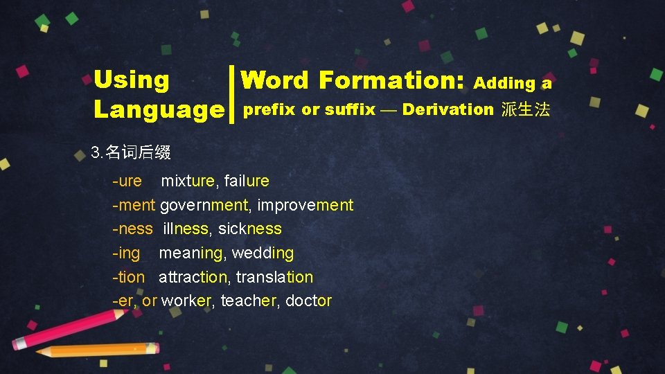 Using Word Formation: Adding a Language prefix or suffix — Derivation 派生法 3. 名词后缀