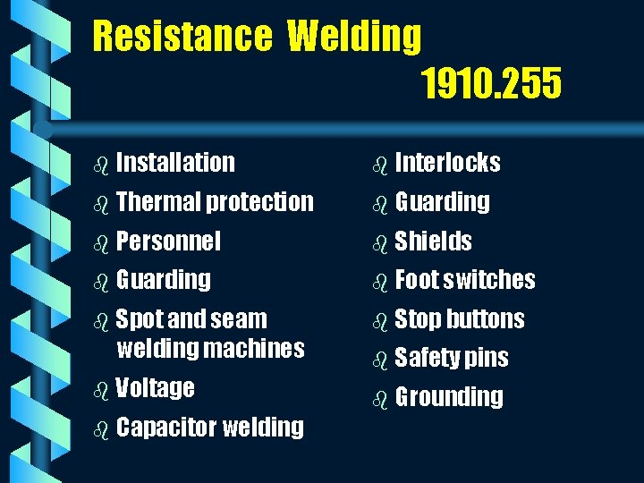 Resistance Welding 1910. 255 b Installation b Interlocks b Thermal protection b Guarding b