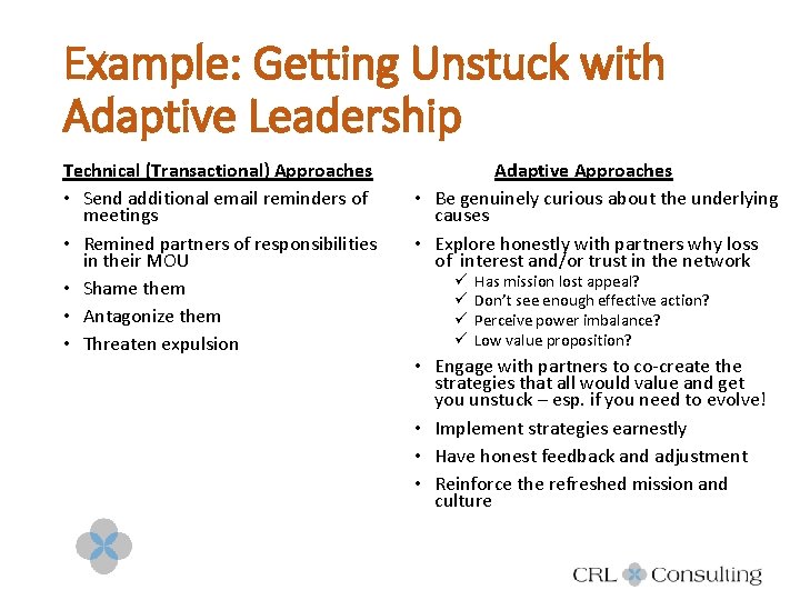 Example: Getting Unstuck with Adaptive Leadership Technical (Transactional) Approaches • Send additional email reminders