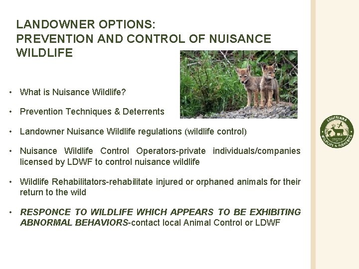 LANDOWNER OPTIONS: PREVENTION AND CONTROL OF NUISANCE WILDLIFE • What is Nuisance Wildlife? •